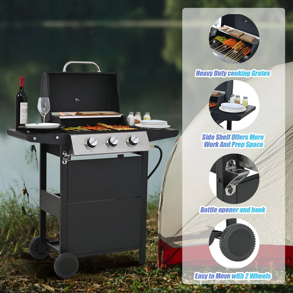 Seizeen 3-Burner Propane Gas Grill, 25,650 BTU Outdoor BBQ on Wheels, with Thermometer and Side Tables