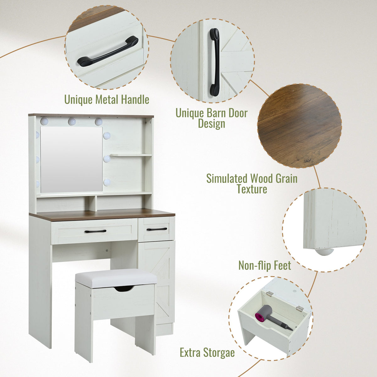 31.5" Makeup Vanity Desk with Mirror and Lights, 3 Lighting Modes, Vanity Set with Stool, Dressing Table with Adjustable Shelves,2 Drawers and Side Cabinet for Bedroom, White