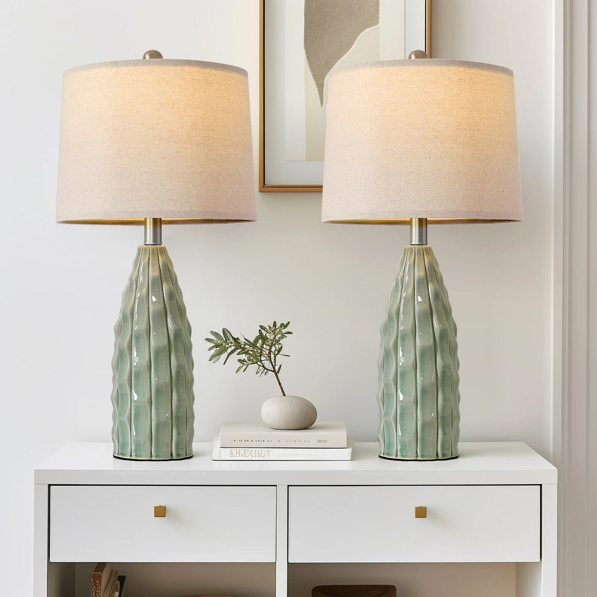 Yokila Green Ceramic Table Lamps Set of 2 for Living Room Bedroom 23.75" Modern Bedside Nightstand Lamps