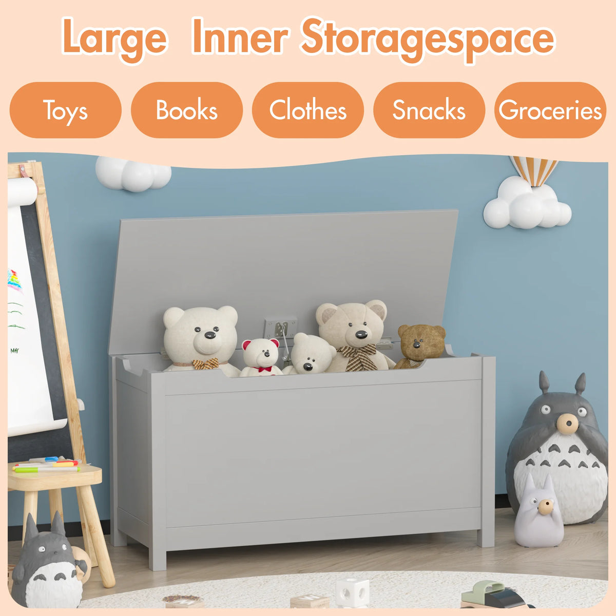 PORKISS Toy Box for Boys Girls, Wooden Kids Toy Chest with Storage Bench and Safety Hinged Lid, Modern Toy Storage Organizer for Living Room, Bedroom, Toddler Room, Gray
