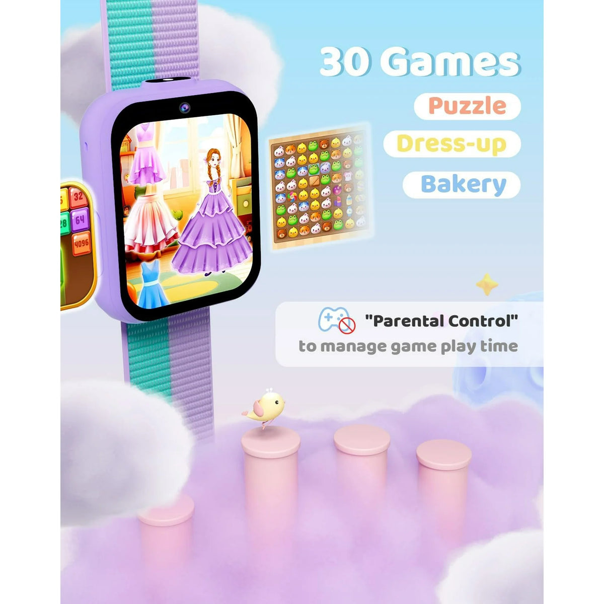 BIGGERFIVE Smart Watch for Kids with Dual Cameras, Two Straps, 30 Puzzle Games, Video & Music Player, Audiobooks, Flashlight, Pedometer, Educational Toys Birthday Gifts for Boys Girls Ages 4-10 Lilac