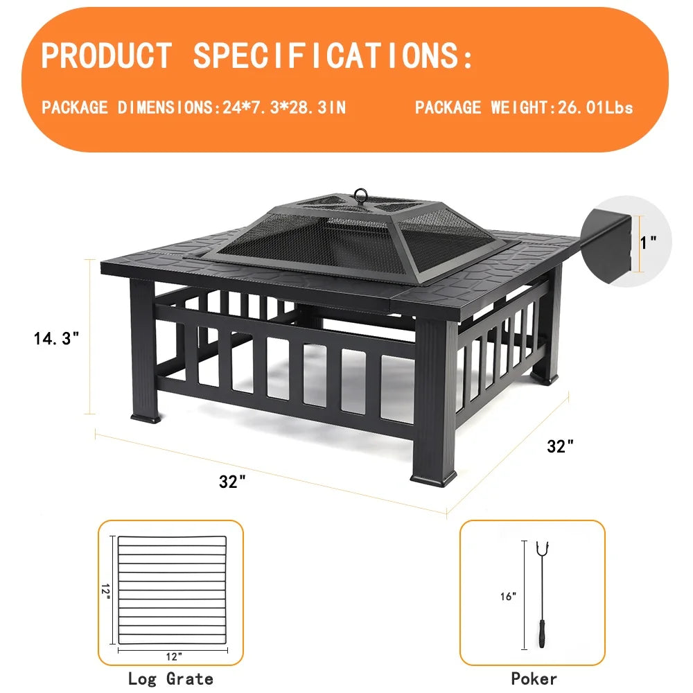 Multifunctional Fire Pit Table, 32'' Fireplace Heater/Ice Pit, Square Metal Fire Pit Stove with Screen Lid and Log Poker for Backyard Garden Camping Picnic Bonfire
