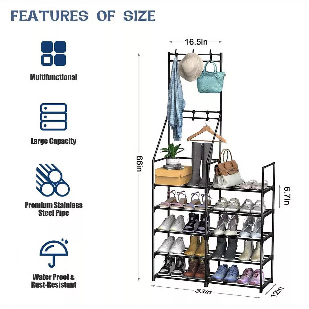 DOMETOUR Entryway Coat Rack with Shoe Storage Organizer, 5-Tier Shoe Rack Hall Tree Shoe Shelf for Bedroom, Hallway, Office