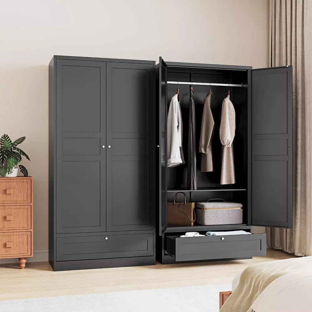 Mlezan 72" Wardrobe: Metal Armoire with Drawer, 2 Doors, Adjustable Shelves & Hanging Rod. Ideal for Bedroom Storage and Organization.