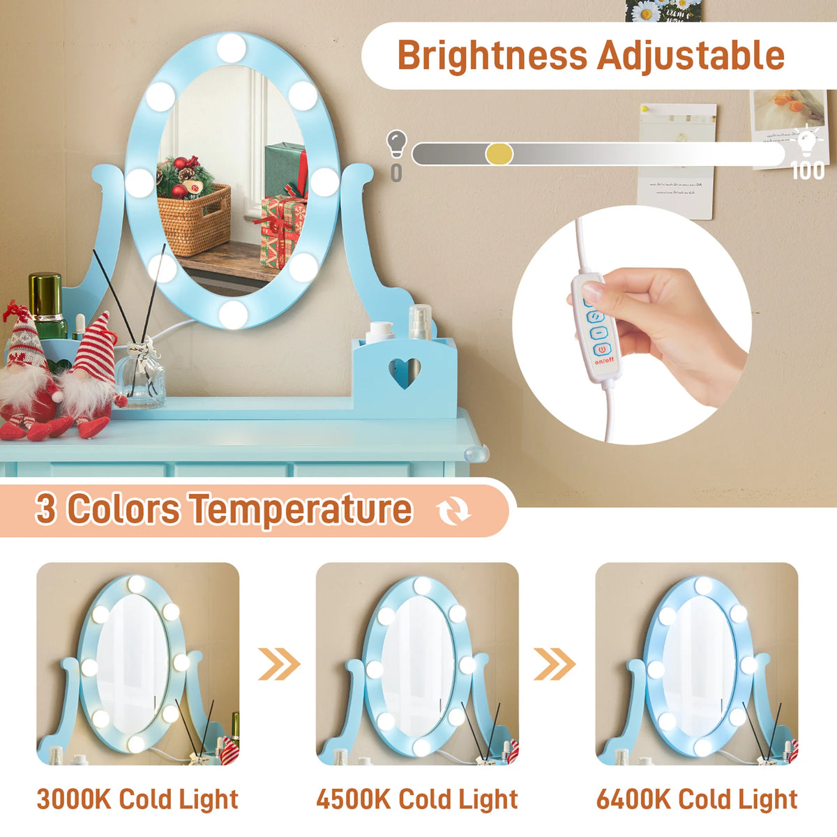 Sesslife Kids Vanity Set with Mirror Lights and Drawers, Wooden Princess Makeup Desk Set, Toddler Dressing Table Set, Pretend Play Kids Vanity Table and Chair Set for Little Girls aged 3+, Blue