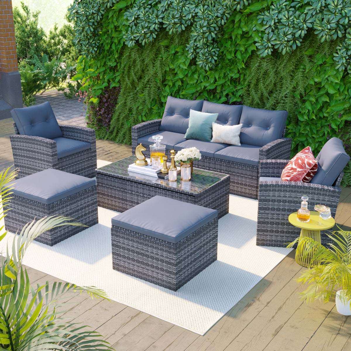 Outdoor Patio Furniture Sets for Backyard, Segmart New 6 Pieces Wicker Patio Furniture Set with Seat Cushions & Tempered Glass Coffee, Conversation Sets for Porch, Poolside, Backyard, Garden, Gray