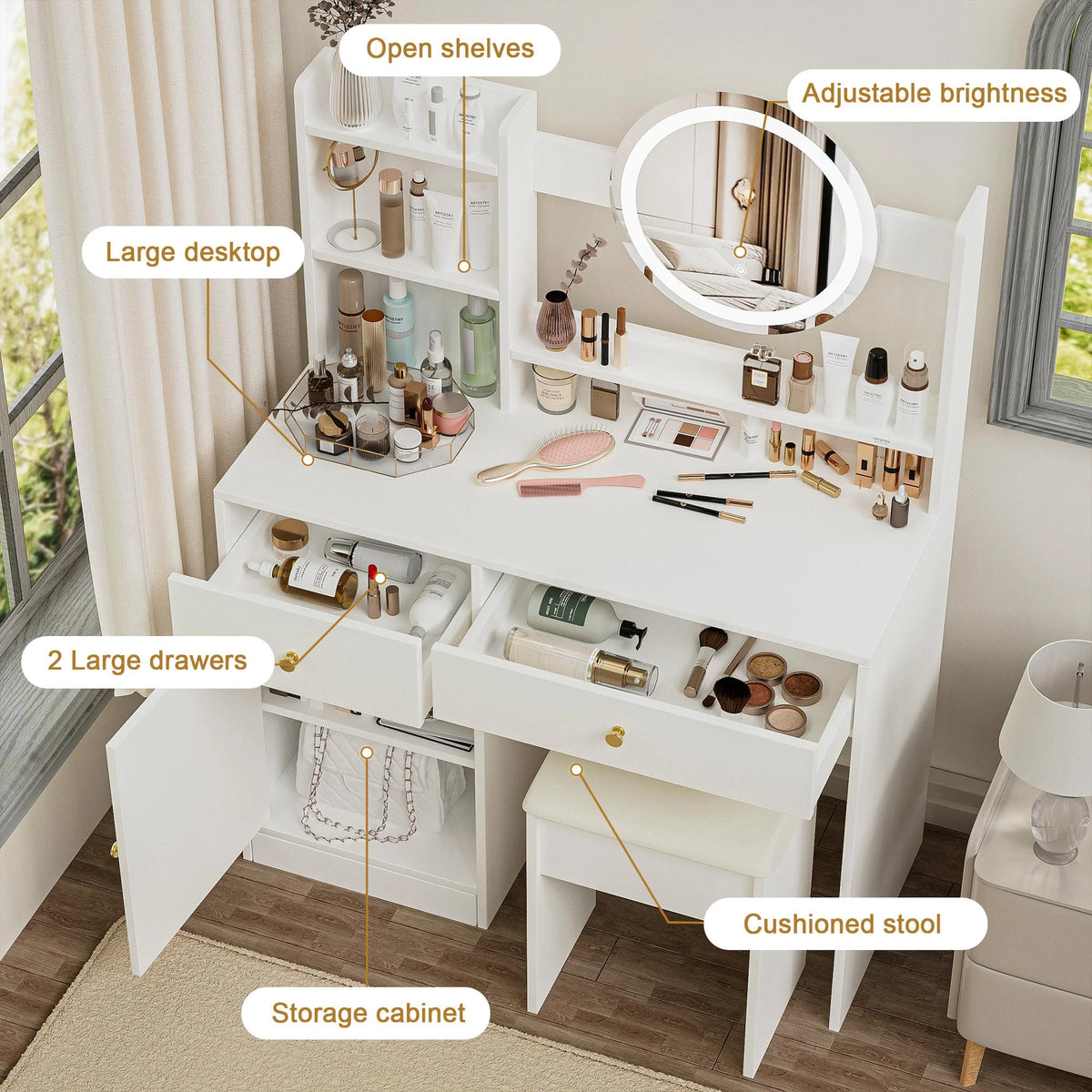 PORKISS Makeup Vanity, Wood Vanity Table Set with Mirror and Stool, 3 Lighting Modes Adjustable, Modern Vanity Desk with Cabinet, Drawers, Storage Dressers for Bedroom, White
