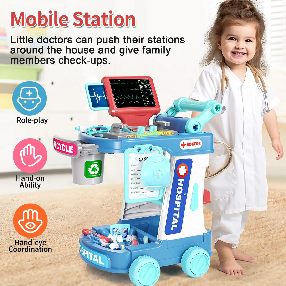 Richgv Doctor Kit for Kids, Pretend Play Doctor Set Medical Toy with Cart, Costume, Stethoscope, Role Play Doctor Kit for Boys Girls 3 4 5 Year