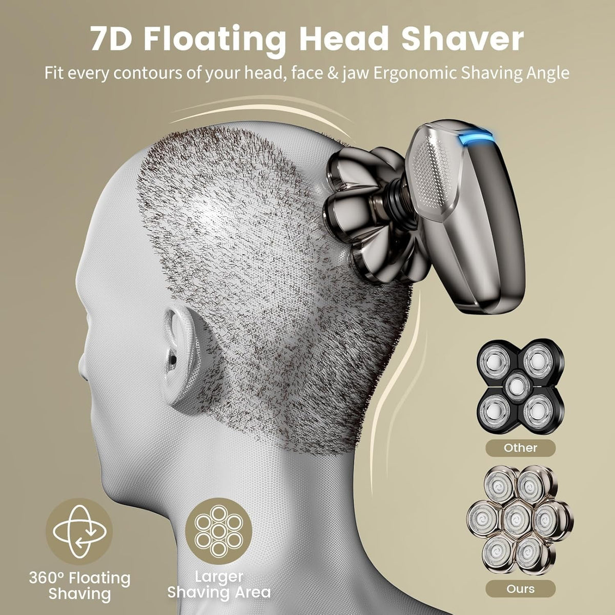 Vislone Head Shavers for Bald Men, 7D Detachable Head Shaver, LED Display, Dry Wet Bald Electric Razor, IPX7 Waterproof, Silver Gray