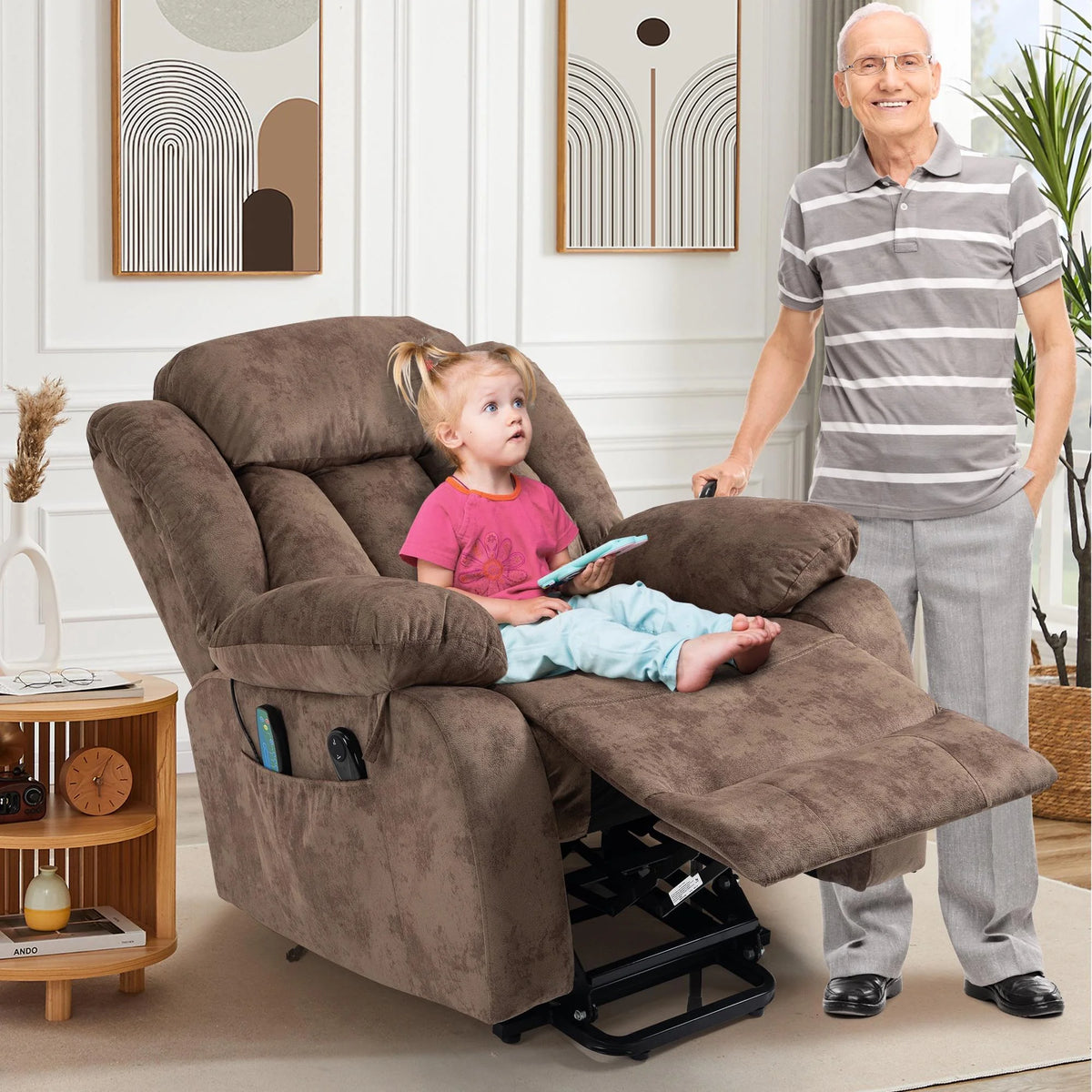 Power Lift Recliner Chair for Elderly, Heavy Duty and Safety Motion Reclining Mechanism Recliner Chair with Remote Control, Plush Fabric Sofa Living Room Chair with Overstuffed Design, Brown, SS239