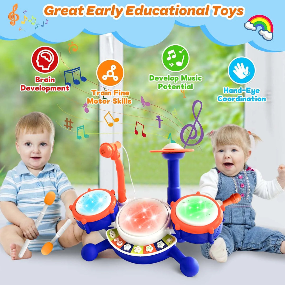 BEEPRINCESS Kids Drum Set for Toddlers 1-3, Baby Drum Kit Musical Toys with Microphone and Light Piano Keyboard, Early Learning Instruments Toys for Kids Toddlers Boys Girls