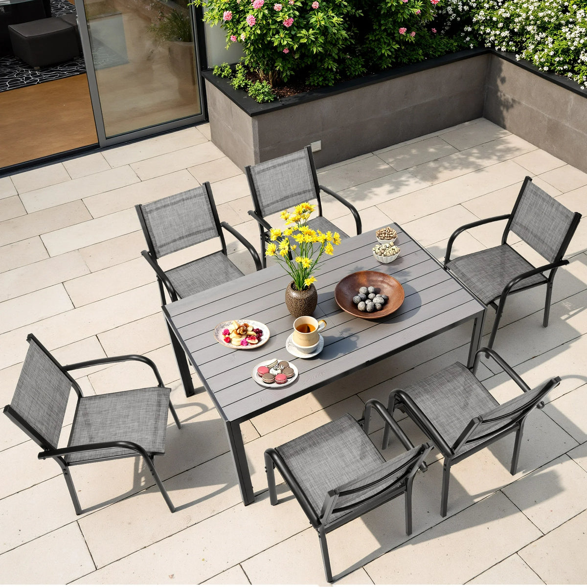 7 Piece Outdoor Dining Set, Patio Dining Table Set for 6 Persons, Garden Patio Textilene Dining Furniture Set with Plastic-Wood Tabletop, Dining Table Chairs Conversation Set for Deck Patio