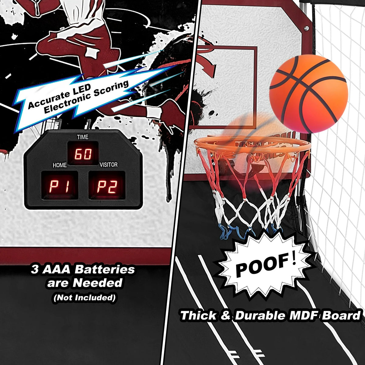 Dual Shot Basketball Arcade Game, Segmart Foldable Indoor Electronic Arcade Basketball Game with 6 Balls, 8 Modes, LED Scoreboard, Air Pump, Battery Powered for Kids Adults, Black