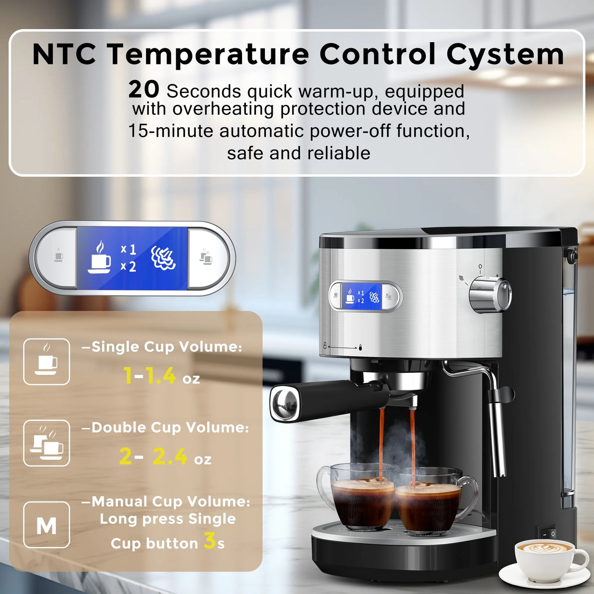 Moifoi 20-Bar Espresso Machines Semi-Automatic Espresso Machines with Milk Frother Steam Wand