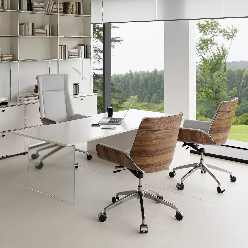 Tree City- Mid-Century Modern Swivel Office Chair with Walnut Bent Wood Back and Faux Leather Seat – Adjustable Height & Rolling Base