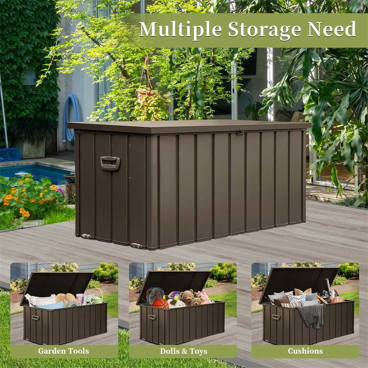 Seizeen 160 Gallon Outdoor Storage Box, Metal Deck Box on Wheels Waterproof, Large Patio Lockable Storage Bin for Outside Cushions, Pool Accessories, Throw Pillows, Garden Tools, Dark Brown