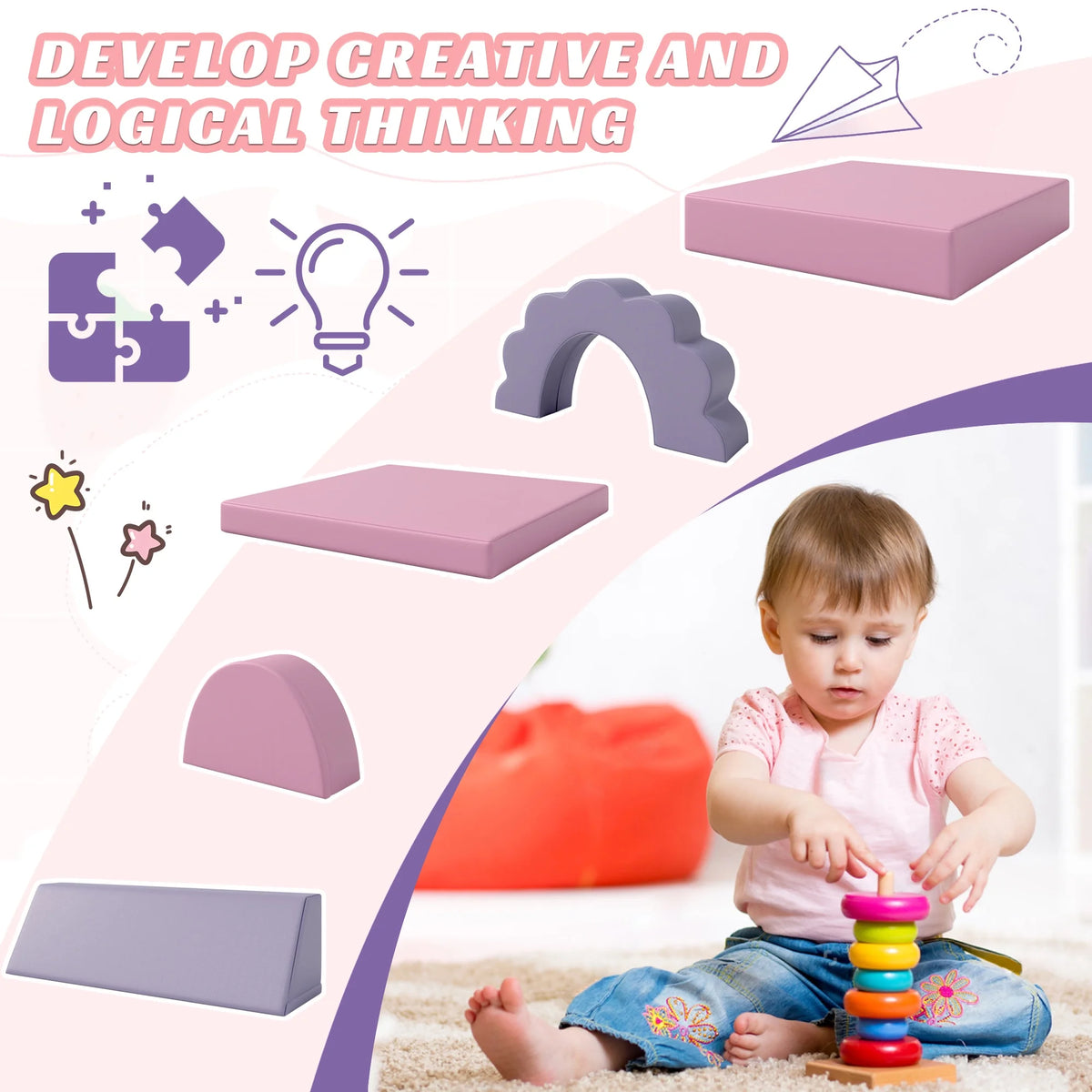 Sesslife 10 PCS Modular Kids Play Couch, Toddler Sofa Couch for Crawl Foam Play, Climbing Blocks Convertible Sofa, Modern Nugget Couch for Toddlers, Infant, Kids, Per-School, Pink