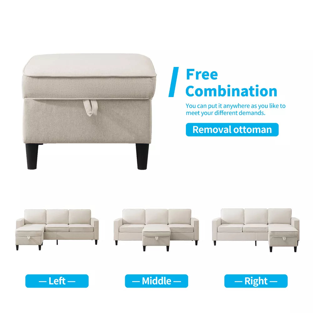 Mjkone Convertible Sectional Sofa Couch, 3-Seat L-Shaped Sofa with Storage Ottoman