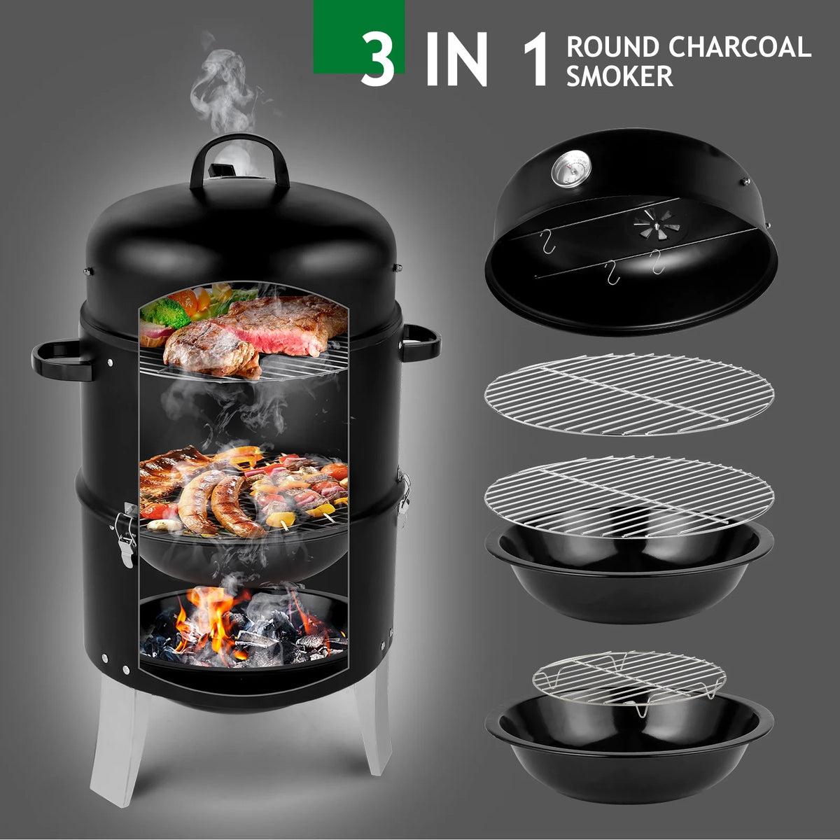 Zintown BBQ Charcoal Grill Outdoor Barbecue Pit Smoker with 3 IN 1 BBQ Grill for Patio Backyard
