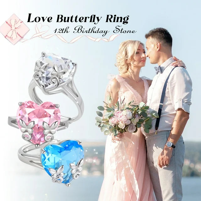 Juwaliy 9Ct Women Heart Ring 925 Sterling Silver Butterfly March Birthstone Aquamarine Blue Solitaire Ring Jewelry Birthday Gift for Mother