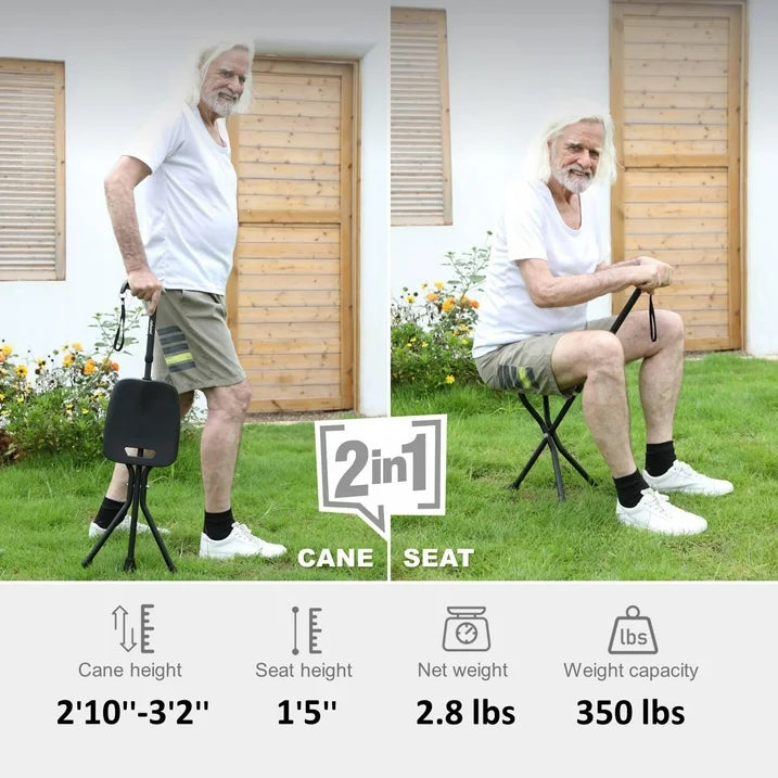 REHAND Walking Canes with Seat 350 LB Capacity,Lightweight Foldable Adjustable Aluminum Walking Stick Chair for Men & Women Seniors,Black