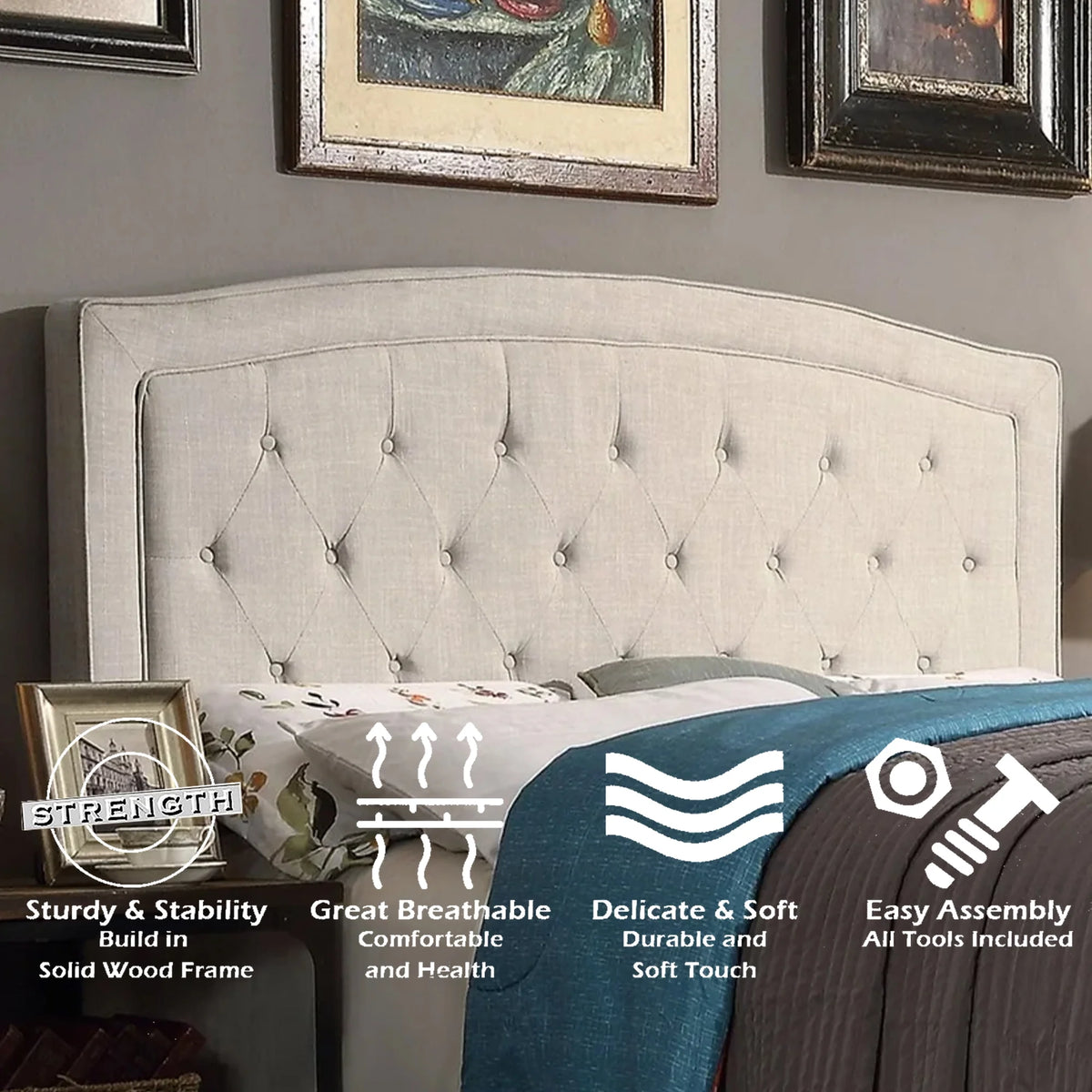 Queen Size Classical Bed Frame with Adjustable Button Tufted Headboard, Fabric Upholstered Platform Bed Frame for Bedroom, Strong Wooden Slat Support, Easy Assembly, Beige