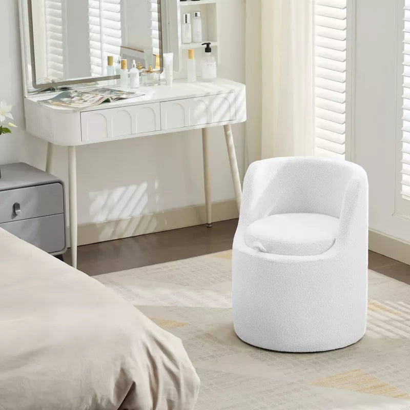 HYLEORY Makeup Ottoman with Storage, Upholstered Vanity Stool with Foldable Backrest Modern Cylindrical Footrest Stool for Living Room Bedroom