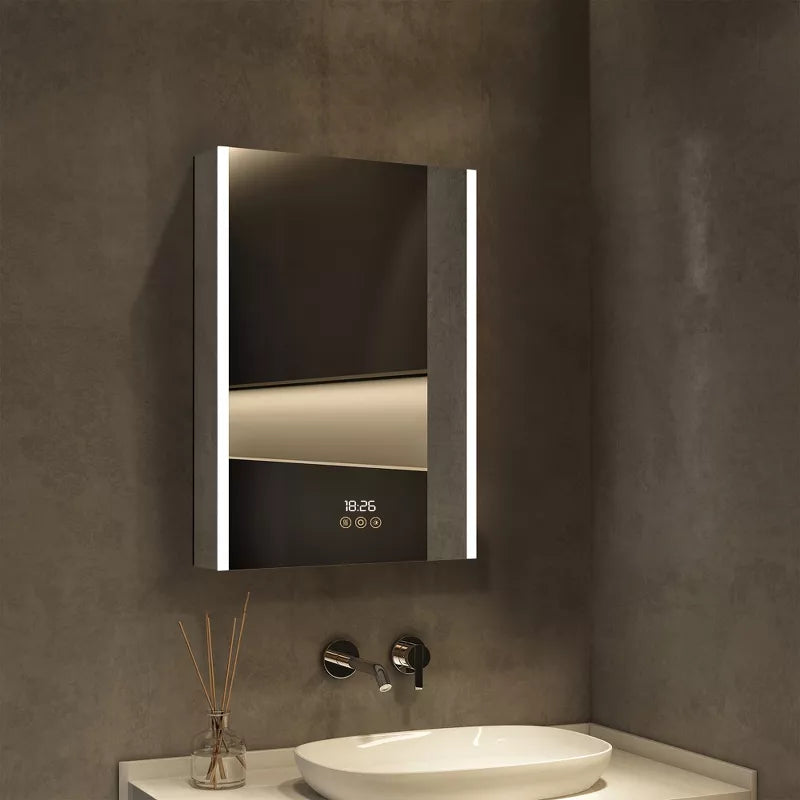HBEZON LED Medicine Cabinet with Mirrors and Lights, Recess/Wall Mount Bathroom Cabinet, 3 Mode Light, Dimmable, Anti Fog, Time Temp, Outlet, Silver