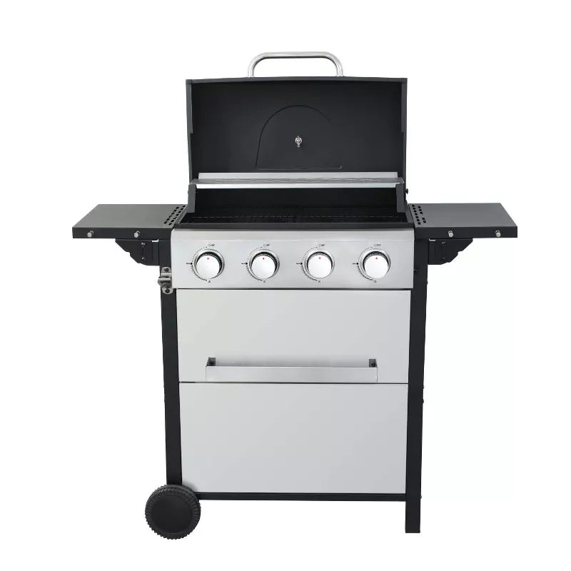 BestParts 4-Burner Propane BBQ Grill, Outdoor Gas Barbecue Cooker with Side Table, 34200 BTU, Enamel Grates, Wheels, Stainless Steel Frame