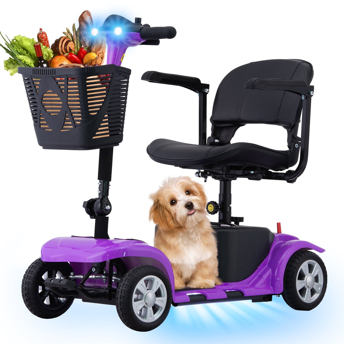 4 Wheels Mobility Scooter for Adults, Senior Electric Powered Chargeable Device for Travel, Lightweight and Portable, with LED Headlights and Basket, Charger Included (PURPLE)