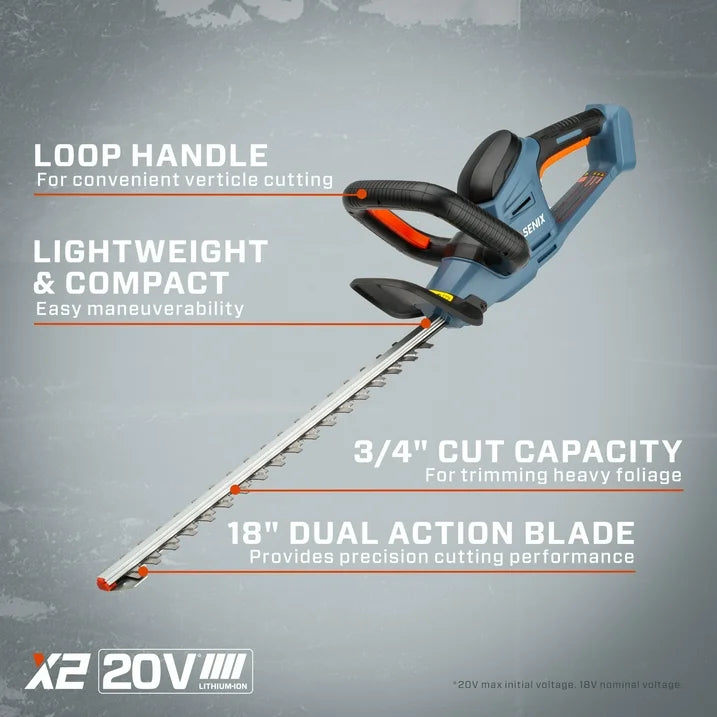 SENIX 20 Volt Max 18 Inch Cordless Hedge Trimmer, Double Sided Dual Action Blades, 3/4 Cutting Capacity (Battery and Charger Included) HTX2 M