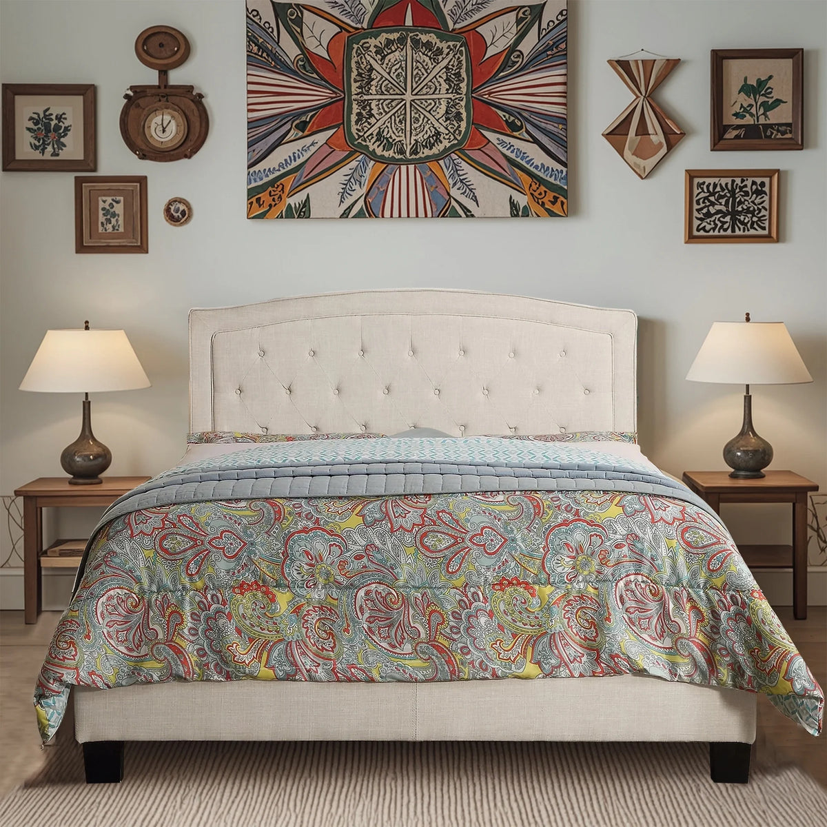 Queen Size Classical Bed Frame with Adjustable Button Tufted Headboard, Fabric Upholstered Platform Bed Frame for Bedroom, Strong Wooden Slat Support, Easy Assembly, Beige