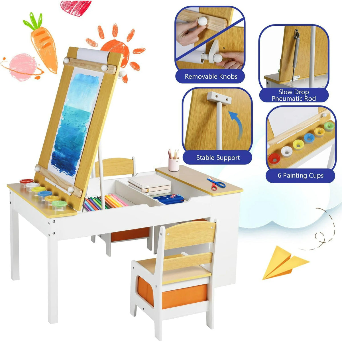 LINLUX 3 in 1 Kids Drawing Table and Chair Set with Art Easel, Toddler Activity Desk for Painting,Natural