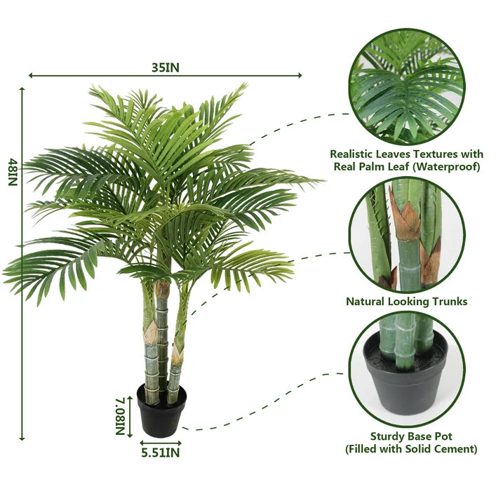 Anting 4FT Artificial Golden Cane Palm Tree 15Leaves Faux Triple Tropical Palm Plants with Pot for Gift Home Office Decor Green (Set of 2)