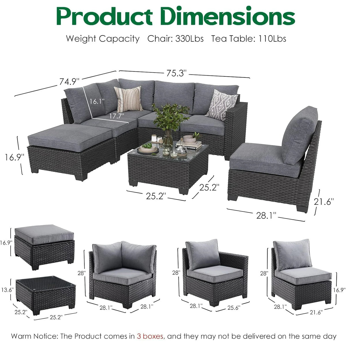 Farini Outdoor Wicker conversation sets, 7 Pieces Patio Furniture Sofa Set with Coffee Table, All Weather for Garden, Backyard, Balcony (Dark Gray)