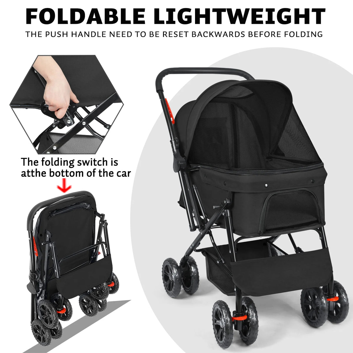 Wedyvko Pet Strollers with Reversible Handle for Small Medium Dogs with Mesh Windows, Removable Liner (Black)