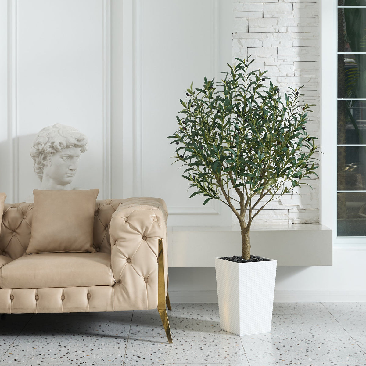 DR.Planzen UV Resistant 5ft Artificial Olive Tree in White Large Planter with Pebbles– Faux Olive Tree for Indoor and Outdoor Decor, Lifelike Greenery for Home Garden Decor