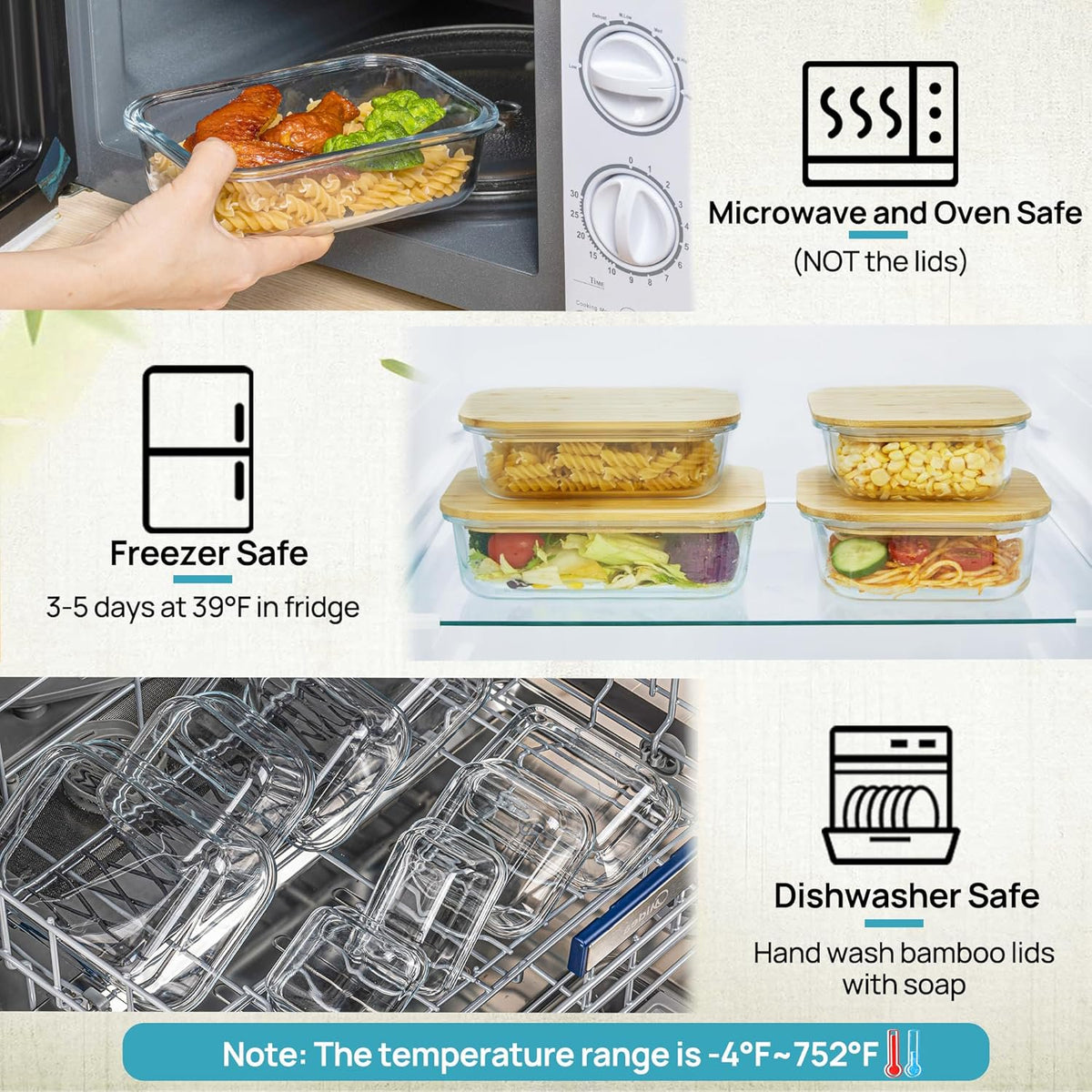8 Pcs Glass Food Storage Containers with Bamboo Lids, Meal Prep Glass Containers Bento Lunch Box, Safe for Microwave, Oven, Freezer and Dishwasher, BPA Free