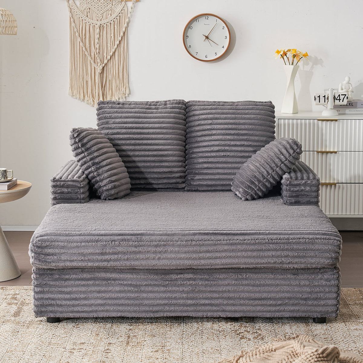 Furniliving Oversized Chaise Lounge Chair Indoor, Upholstered Sofa Bed with Throw Pillows and Armrests, Sleeper Chair for Living Room, Bedroom, Grey