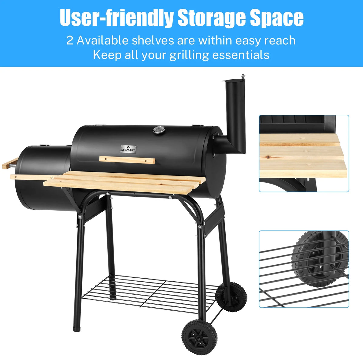 Segmart BBQ Charcoal Grill, 45.28-inch Length Portable Barbecue Grill, Offset Smoker Barbecue Oven with Wheels & Thermometer for Outdoor Picnic Camping Patio Backyard
