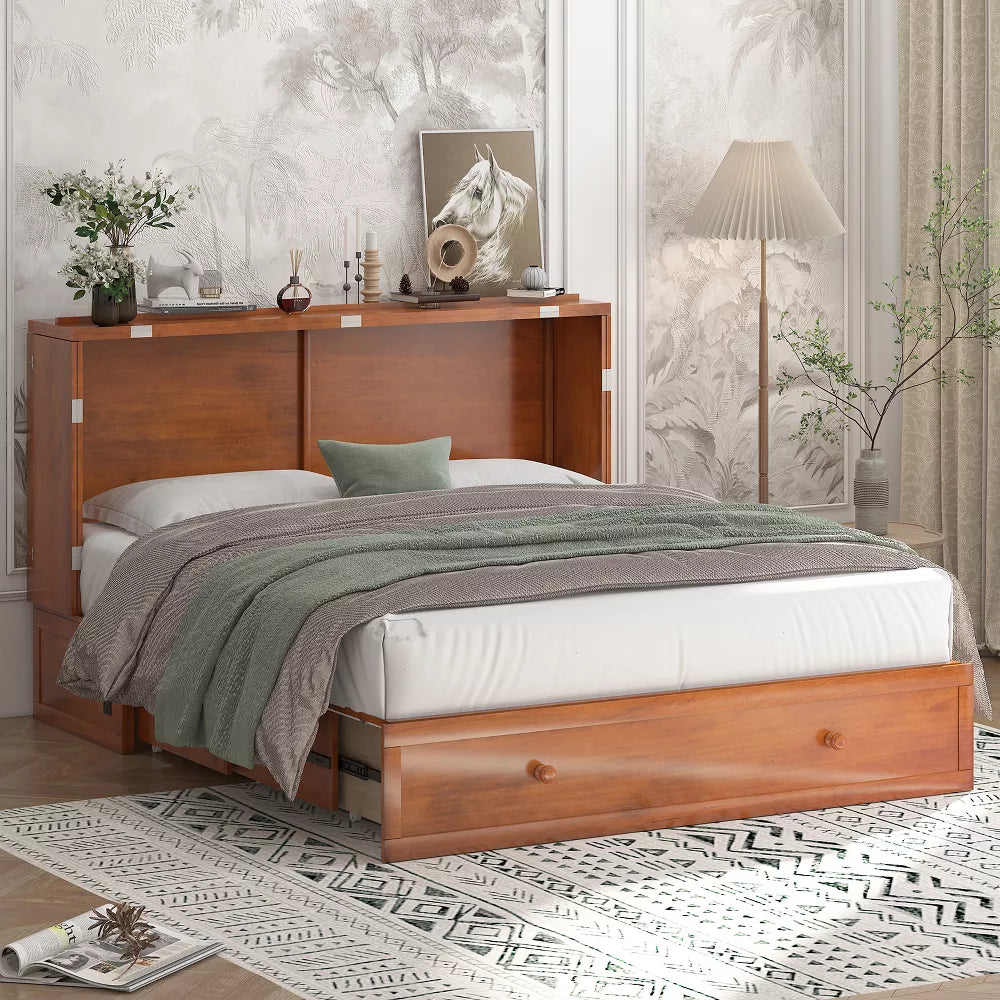 Mjkone Murphy Cube Cabinet Bed, Queen Murphy Bed with Trifold Foam Mattress, Built-in USB Charging Station& Roomy Storage Drawers