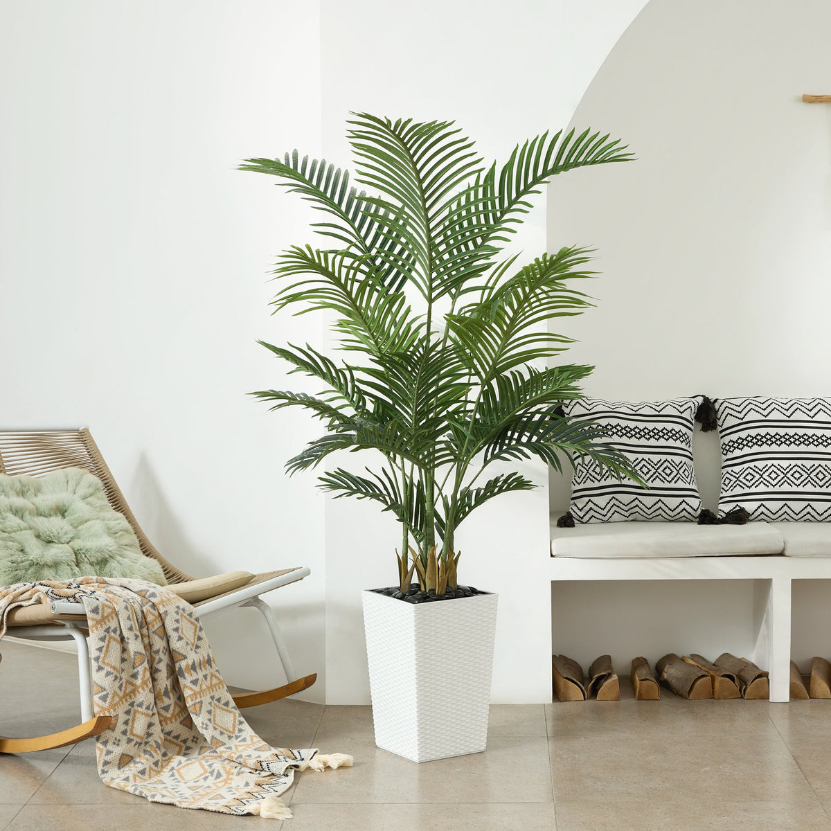DR.Planzen UV Resistant 5ft Artificial Palm Tree with White Large Planter, Faux Palm Tree for Indoor Outdoor decor, Faux Plant with Adjustable Leaves for Home, Office, and Garden Decor