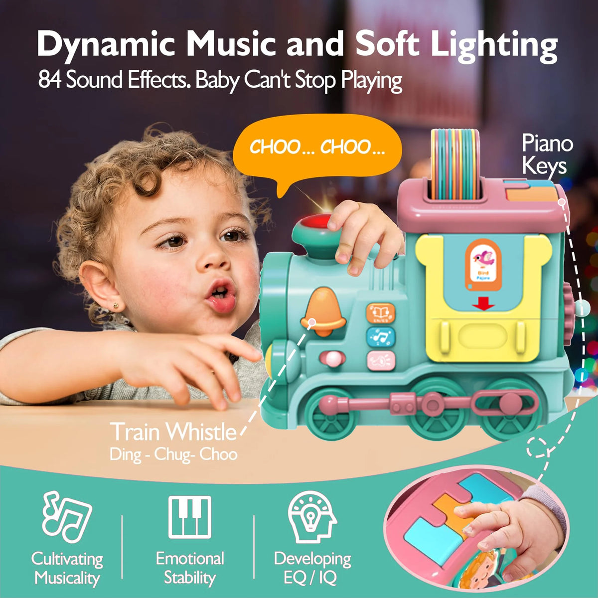 Richgv Musical Train Toy with Talking Flash Cards, Montessori Toys for 1 Year Boys Girls Gift, Crawling Toddler Toys Learning Toys with Music Sound