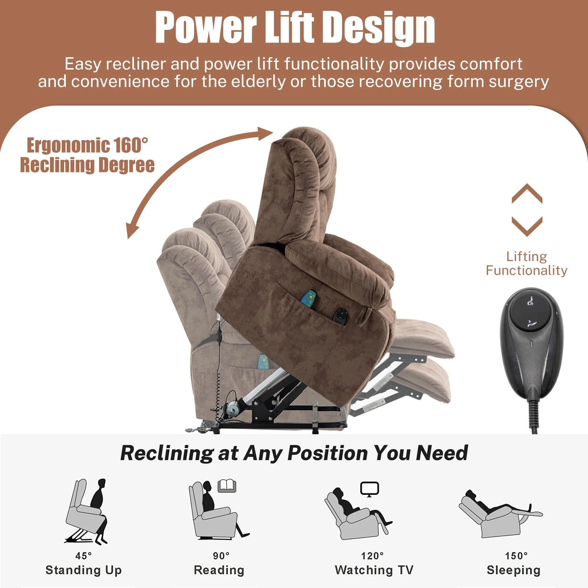 Power Lift Recliner Chair for Elderly, Heavy Duty and Safety Motion Reclining Mechanism Recliner Chair with Remote Control, Plush Fabric Sofa Living Room Chair with Overstuffed Design, Brown, SS239