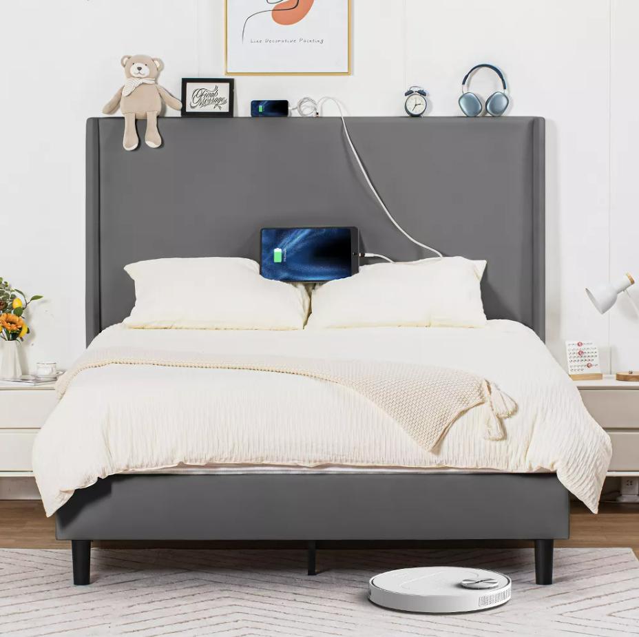 COMHOMA Bed Frame with Type-C USB, 51 High Headboard Tall, Wood Slat Support