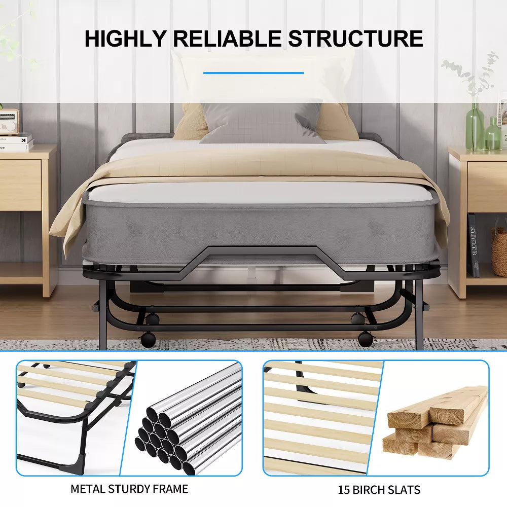 Mjkone Adult Folding Bed with Memory Foam Mattress Sleeper Wood Slats Black 75*32