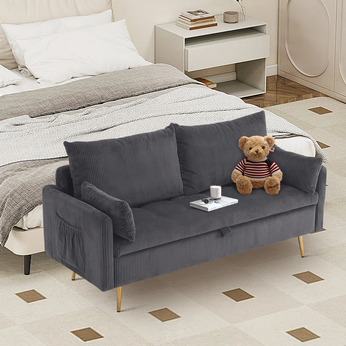 Furniliving 2 Seat Fabric Sofas with 2 Pillow, Modern Small Loveseat Sofa, Upholstered Button Tufted Sofa Couch, Gray