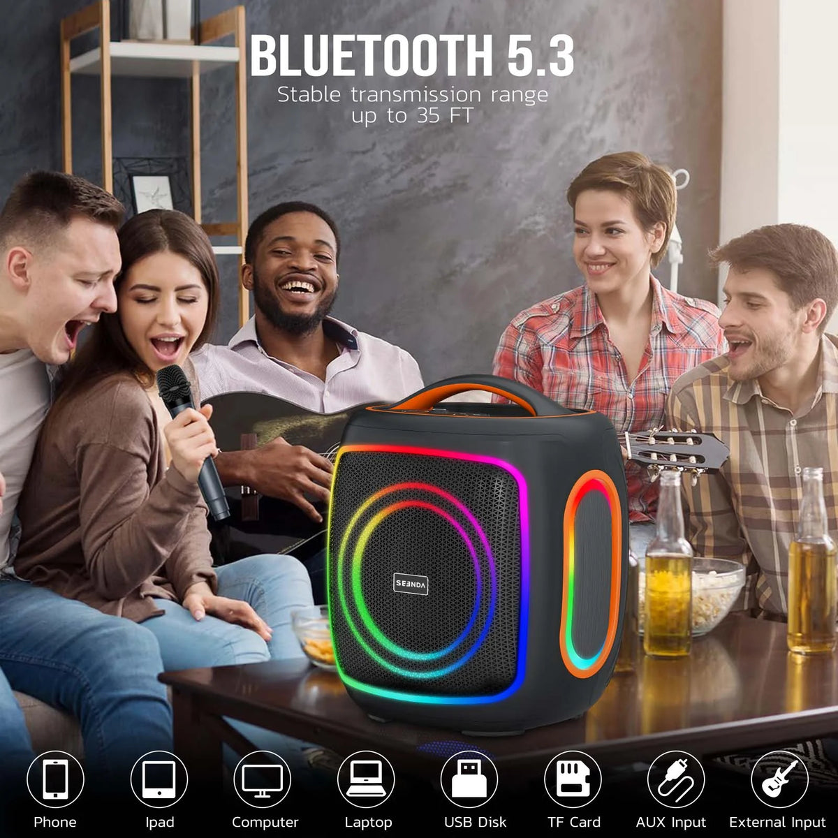Seenda Karaoke Machine with 2 Wireless Microphones, Bluetooth, Double 6.5 1.5 Tweeter Speakers, IPX5 Waterproof, and RGB Lights – Portable PA System for Indoor Outdoor Parties