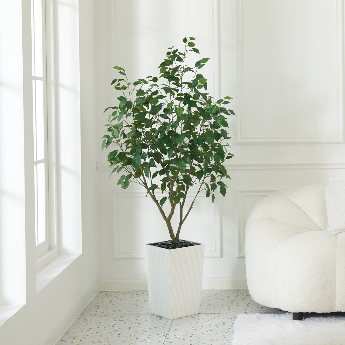 DR.Planzen Artificial Ficus Tree 5ft - UV Protected Faux Ficus Plant with Adjustable Branches and Realistic Green Leaves for Indoor Outdoor Decor, White Large Planter with River Rocks