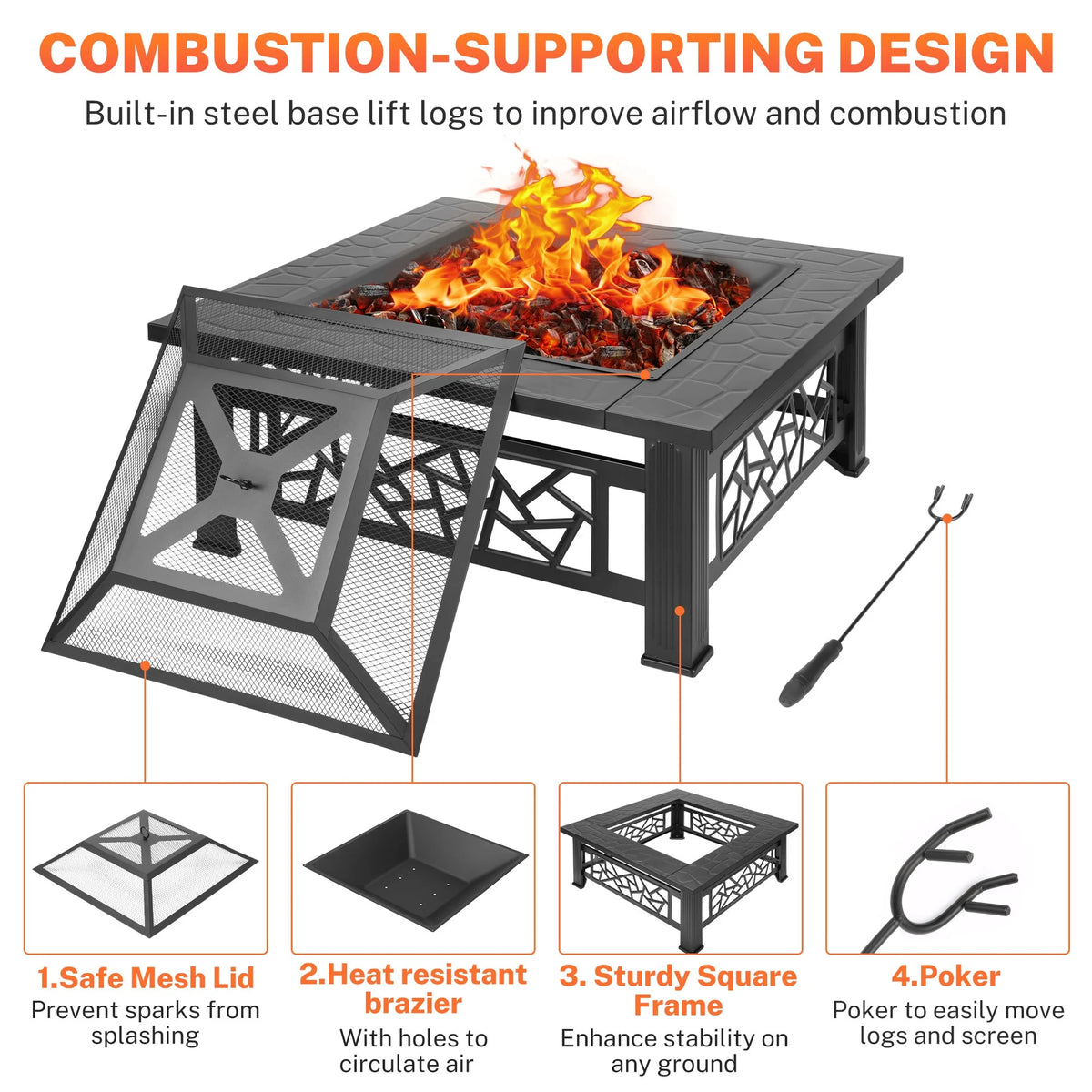 Segmart Fire Pit for Outside, 32" Outdoor Wood Burning Firepit with Fireplace Screen, Patio Fireplace Square Metal Stove for Camping, Outdoor Heating, Bonfire and Picnic, Black